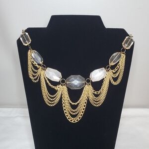 Gold Tone Necklace With Clear & White Beads